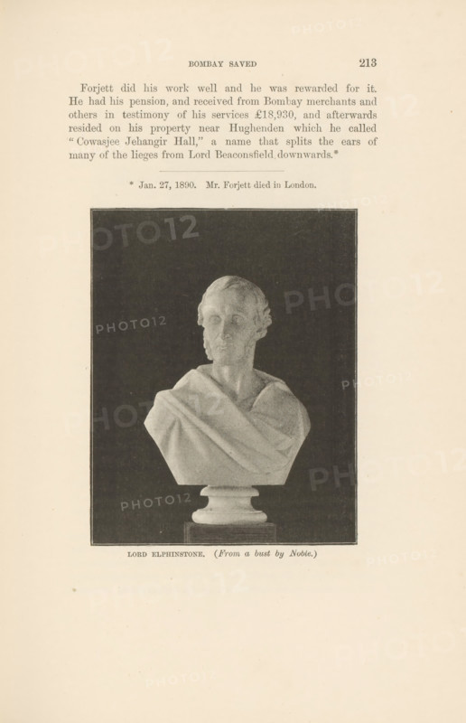 Bust of Lord Elphinstone, page, photomechanical print, caption: 'LORD ELPHINSTONE. (From a bust by Noble.)', cliché maker: Joseph Rose Lemercier, Paris, c. 1883 - in or before 1893, photographer, paper, autotypie, height 108 mm x width 83 mm, Person, John Elphinstone, chest, bust, A printed page showing a rectangular dark-framed photograph of a classical white marble bust on a pedestal against a dark background, the bust depicting a male figure with short wavy hair and a draped garment across the shoulders, above the photograph a block of typed text and a centered heading, and below the photograph a short printed caption.