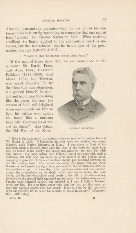 General Marston, page, photomechanical print, cliché maker: Lemercier & Cie., Paris, c. 1883 - in or before 1893, photographer, paper, autotypie, height 58 mm x width 48 mm, commander-in-chief, general, marshal, A slightly yellowed page from a printed book showing dense columns of serif text with a rectangular engraved portrait of a bearded man in a suit placed in the right column, the portrait framed by stippled shading and a caption immediately beneath it, a centered heading near the top of the page, and a footnote section of smaller type near the bottom, all on aged paper with faint spots and slight discoloration.
