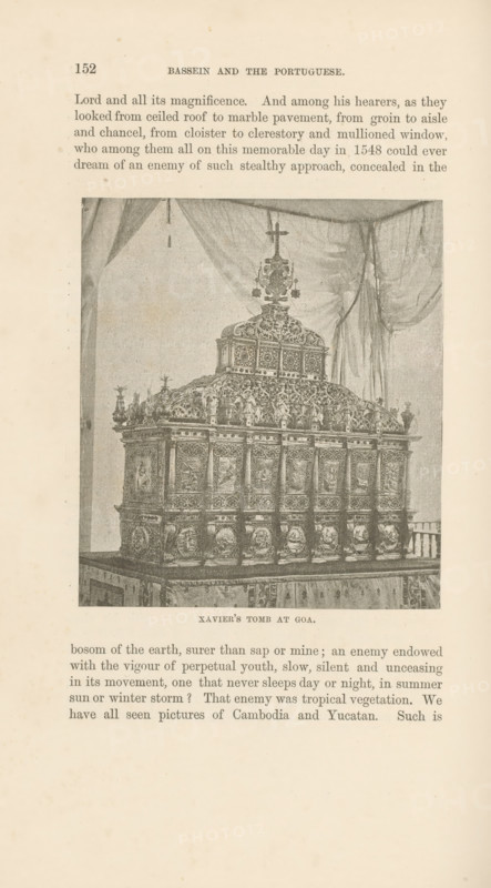 Xavier's tomb at Goa, page, photomechanical print, Basílica do Bom Jesus, cliché maker: Lemercier & Cie., Paris, c. 1883 - in or before 1893, Lemercier & Cie., photographer, cliché maker, Goa, paper, photolithography, height 107 mm x width 94 mm, interior of church, grave, tomb, A faded printed page shows a framed rectangular photograph of an ornate carved tomb draped by translucent curtains, the tomb featuring a decorative domed top with a cross and intricate relief panels and sculpted figures on its sides, sitting on a draped platform with patterned cloth and a low railing visible at one edge, surrounded by blanked margins and bits of printed text above and below the image.