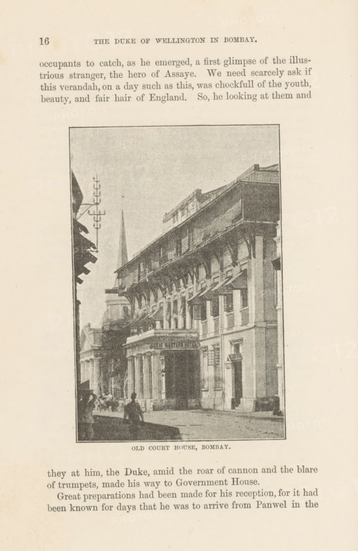 Old court house, Bombay, page, photomechanical print, Mumbai, cliché maker: Lemercier & Cie., Paris, c. 1883 - in or before 1893, photographer, Maharashtra, paper, autotypie, height 114 mm x width 74 mm, facade (of house or building), court building, A faded black and white illustration of a street scene framed by a rectangular border shows a multi-story classical building with columns and decorative arches along its facade, a porticoed entrance, and awnings above several windows; a tall spire rises behind the buildings on the left, and a narrow row of adjacent structures recedes into the distance; silhouetted human figures stand and walk in the foreground near the building entrance, and a few small carts or carriages are visible along the street; the image has a paper texture and is surrounded by a light margin.