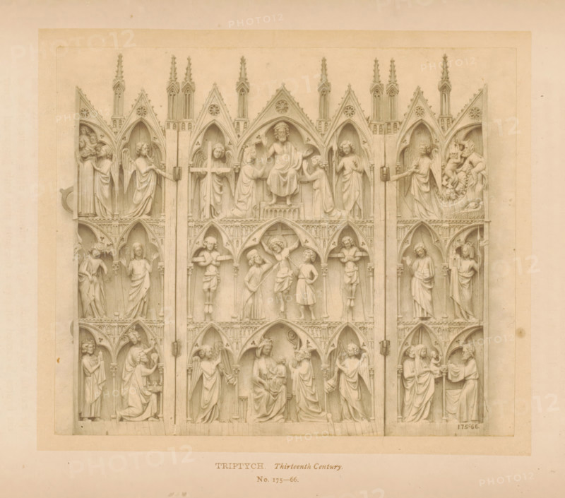 Triptych, page, photomechanical print, number: 'No. 175-66.', inscription: 'Thirteenth Century.', London, c. 1867 - in or before 1872, paper, Woodburytype, height 114 mm x width 137 mm, New Testament, sculpture (relief, sculpture), A rectangular carved panel set within a larger rectangular mat shows a series of arched niches filled with carved figures in draped garments, arranged in vertical columns and horizontal tiers; each niche is topped with pointed gables and small decorative pinnacles, and the figures display a range of poses including standing, kneeling, and seated, some holding staffs or crosses while others gesture or embrace; the central upper niche contains a seated figure flanked by smaller figures and a figure kneeling before the seat; the middle row includes figures shown with instruments of restraint and others supporting a central transformative scene; the lower registers continue with paired and grouped figures in contemplative or interactive stances, and the carving ...