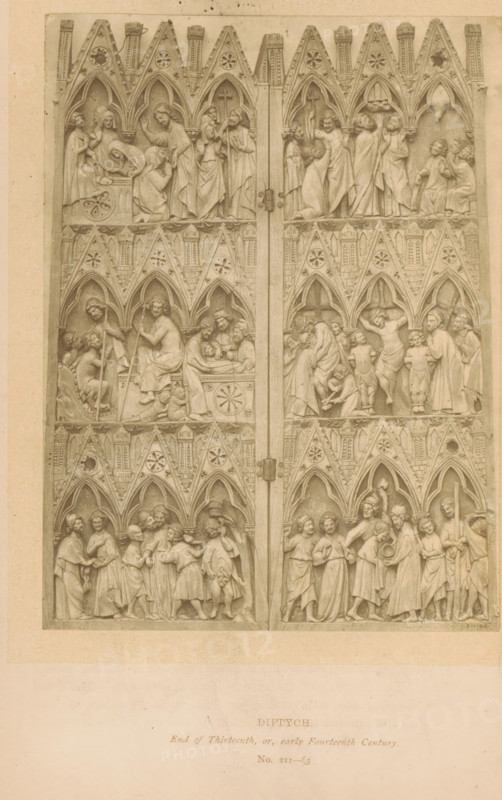Diptych, page, photomechanical print, number: 'No. 211-65', inscription: 'End of Thirteenth, or, early Fourteenth Century', London, c. 1867 - in or before 1872, paper, Woodburytype, height 147 mm x width 108 mm, Passion of Christ, sculpture (relief, sculpture), A vertical rectangular photograph shows a pair of ornate carved wooden panels set within a rectangular frame, each panel divided into horizontal tiers of sculpted scenes beneath pointed Gothic arches and decorative tracery. The carvings depict many standing and seated human figures in robes arranged in narrative groupings, with some figures shown with hands raised, holding objects, or interacting with others; one scene includes a central figure on a cross positioned beneath an arch. The panels are hinged together at the center with visible metal hinges. The surface shows fine carved details such as drapery folds, architectural pinnacles, circular rosette motifs, and small sculpted faces within the arches. The overall tone of the...