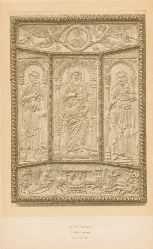 Book cover, page, photomechanical print, number: 'No. 138-66.', inscription: 'Ninth Century.', London, c. 1867 - in or before 1872, paper, Woodburytype, height 161 mm x width 112 mm, binding, sculpture (relief, sculpture), A rectangular carved panel with a decorative border containing three tall arched relief niches in the upper portion, each niche housing a robed figure with halos, the central figure seated holding a child, the flanking figures standing and dressed in draped garments; above the niches a horizontal frieze shows two winged figures extending arms toward a circular medallion with a bust; below the niches a lower frieze depicts a series of small scenes including a reclining figure, an enclosed manger with animals, and other figures in varied poses; the entire composition is rendered in a uniform pale tone on an aged rectangular background.
