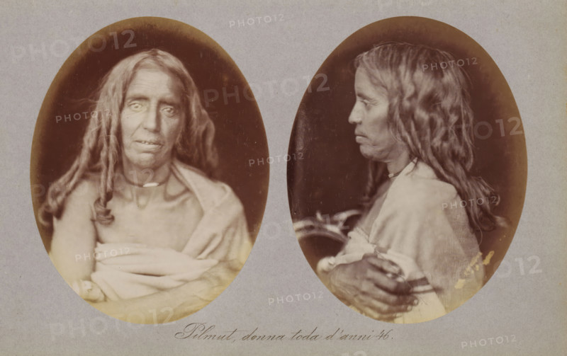 Two portraits of Pilmut of the Toda tribe, Pilmut, donna toda d'anni 46, photograph, page, photographer: Paolo Mantegazza, India, c. 1881 - in or before 1886, Paolo Mantegazza, photographer, paper, albumen print, height 151 mm x width 241 mm, adult woman (side view, profile), adult woman (front view), Two oval sepia-toned photographic portraits placed side by side on a gray background showing the same person from different angles. The left portrait is a frontal view of a person with long, wavy hair draped over the shoulders, a bare upper chest partially covered by light-colored cloth wrapped across the torso, a small necklace or collar at the neck, and a neutral facial expression with slightly parted lips. The right portrait is a profile view facing left of the same person with long hair falling down the back, a similar light-colored wrap over the shoulders, one arm crossed over the body with visible hands, and a calm facial profile. The ovals have darker vignetted edges and there is f...