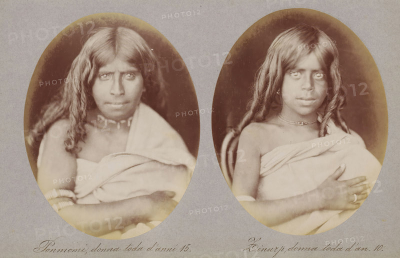 Two portraits of Ponmomi and Zinurp of the Toda tribe, Zinurp, donna toda d'an 10, Ponmomi, donna toda d'anni 15, photograph, page, photographer: Paolo Mantegazza, India, c. 1881 - in or before 1886, paper, albumen print, height 151 mm x width 241 mm, adolescent, young woman, maiden (front view), Two oval sepia-toned portraits mounted on a gray background show young girls from the chest up wrapped in light cloths. The left portrait features a girl with long wavy dark hair parted in the middle, wearing a beaded choker and bracelets, with her arms crossed over the cloth. The right portrait shows a girl with long wavy hair, a thin necklace, and one hand resting on her chest, both faces looking forward with neutral expressions.