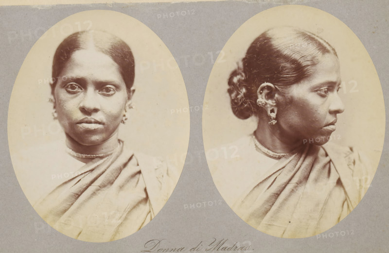 Donna di Madras, Two portraits of an unknown woman from Madras, photograph, page, photographer: Paolo Mantegazza, Chennai, c. 1881 - in or before 1886, South India, Tamil Nadu, paper, albumen print, height 151 mm x width 241 mm, adult woman (sideview, profile), Two oval sepia-toned portrait photographs mounted on gray paper showing the same woman from two angles; the left image is a frontal view and the right image is a profile view facing right. The woman has smooth, dark hair parted in the middle and pulled back into a low bun, with visible earrings and decorative ear ornaments. She wears a draped garment over one shoulder and a simple necklace at her neck. Her expression is neutral in both views, and the portraits show skin texture and facial features with clear lighting against a light background.