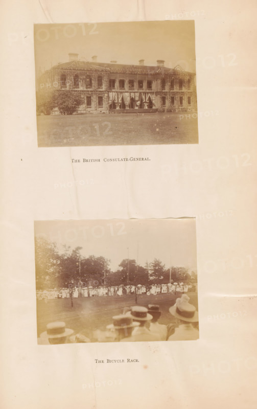 The British Consulate-General. The bicycle race, View of the British Consulate with decorations and a bicycle race in Shanghai for the Diamond Jubilee of Victoria of the United Kingdom, photograph, page, photographer: WR Kahler (possibly), Shanghai, 1897, paper, albumen print, height 264 mm x width 175 mm, Photographs opposite page 72., commemoration, jubilee, façade (of house or building), festivities (wreath, garland, festive activities), bicycle racing, A sepia-toned page with two rectangular photographs mounted vertically, separated by blank space. The upper photograph shows a two-story stone building with a front lawn, a row of windows along both floors, decorative trim along the roofline, and striped flags or drapery hanging across the central entrance; shrubbery appears at one side of the building. The lower photograph shows a wide outdoor scene with a crowd of people standing along the edge of a grassy area, trees in the background, and several spectators in the foreground wear...