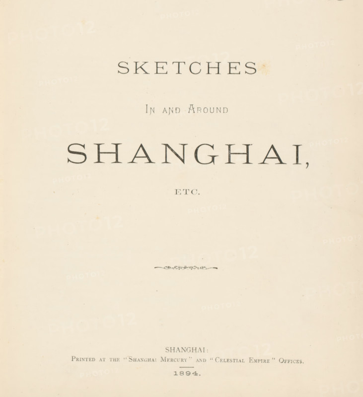 Sketches in and around Shanghai, etc, book, publisher: Shanghai Mercury, Shanghai, publisher: Celestial Empire, 1894, pasteboard, paper, gelatin silver print, albumen print, developing gelatin silver print, height 252 mm x width 197 mm x thickness 29 mm, A pale, slightly aged page with centered decorative typography elements and faint brownish foxing spots, showing large spaced lettering near the upper middle, smaller lettering below it, and a horizontal ornamental flourish toward the lower middle, with a column of handwritten marks in darker pencil near the top right and light printed lines near the very bottom.