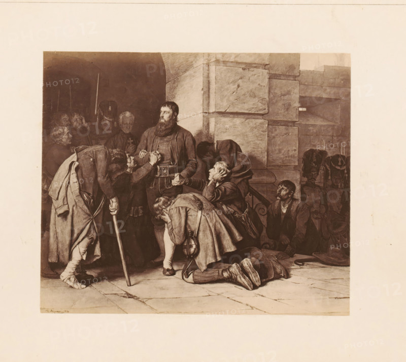 Photo reproduction of a painting, depicting supplicating men (presumably) during a siege, photograph, reproduction, page, photographer: Franz Hanfstaengl, Germany, after painting by Franz von Defregger, in or after 1878 - in or before 1885, paper, albumen print, height 98 mm x width 118 mm, Photo on page 29., siege, despair (of person under sentence of death), A sepia-toned scene shows a group of men gathered in front of a stone wall and steps, many wearing period clothing and cloaks. A bearded man stands near the center holding another man's hand while looking outward; a man nearby leans on a staff with his head bowed. Several figures are kneeling or bent over on the tiled floor, one clutching his face and another prostrate with boots visible. To the right a seated man looks up toward the standing group, and behind him more men and helmets or hats are partially visible in shadow. The stone blocks of the wall show mortar lines and textured surfaces, and the floor is marked by tiles and...