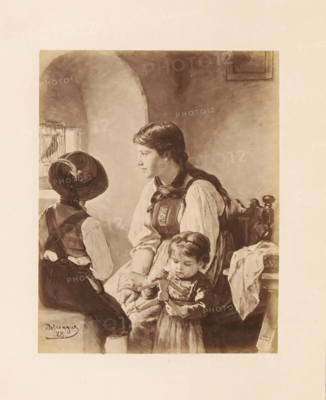 Photo reproduction of a painting, depicting a woman and two children listening to a caged bird, photograph, reproduction, page, photographer: Franz Hanfstaengl, Germany, after painting by Franz von Defregger, in or after 1878 - in or before 1885, paper, albumen print, height 122 mm x width 97 mm, Photo on page 13., mother and child(ren), woman and child(ren) (family group), bird in a cage, A sepia-toned illustration showing three children seated indoors near a small window with a birdcage, a girl with braided hair in traditional clothing looking toward a child wearing a hat who faces the window, and a younger child seated in front holding a wooden toy while looking down; a wooden chair with carved details and a cloth draped over it sits beside them, and the background features a curved wall and a framed picture partially visible on the wall.