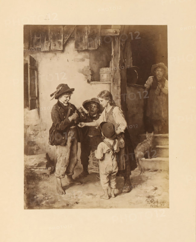 Photo reproduction of a painting, depicting children with a bird, photograph, reproduction, page, photographer: Franz Hanfstaengl, Germany, after painting by Franz von Defregger, in or after 1874 - in or before 1883, paper, albumen print, height 122 mm x width 96 mm, Photo on page 39., birds, child playing with animals, A sepia-toned illustration shows a group of children standing in front of a rough building with wooden siding and a doorway. Four children form a small circle near the foreground, with one barefoot child wearing a jacket and hat extending something toward the others. Another child in a dress or pinafore reaches out while a smaller child with suspenders and a cap holds a cage. A third child in the group stands slightly behind, wearing a hat and looking toward the exchange. To the right, a child stands in the doorway, partially behind a half door, watching the scene. A cat sits on the steps beside the doorway. The ground appears uneven and textured, and the building shows...