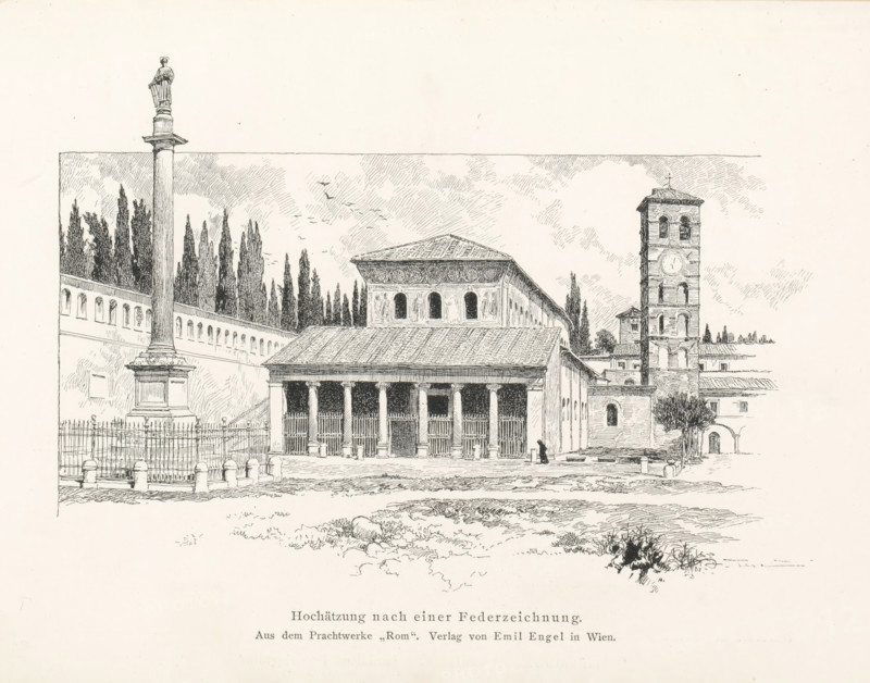 Antique gate, possibly in Rome, page, photomechanical print, inscription: 'Autotypie-Doppeldruck von Meisenbach Riffarth & Co., Berlin- Schöneberg.', Rome, maker: Meisenbach, Riffarth & Cie., Berlin, c. 1888 - in or before 1898, photographer, paper, autotypie, height 120 mm x width 171 mm, Print in section at the back., gate, entrance, A detailed pen-and-ink architectural drawing shows a classical building with a portico supported by columns and a tiled roof, adjacent to a taller structure with arched openings and a clock face, a freestanding column topped by a statue, a low fence with decorative posts in front, tall slender trees rising behind a long wall with arched niches, a paved plaza area with scattered stone block elements and small patches of grass, a lone cloaked figure near the building entrance, and a sky rendered with fine hatchwork and distant birds.