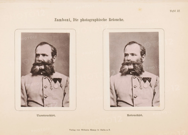 Two portraits of an unknown man with military decorations, with and without retouch, page, photomechanical print, number: 'Tafel II.', inscription: 'Unretouchirt. Retouch.', c. 1878 - in or before 1888, paper, collotype, photoprint, height 160 mm x width 236 mm, old man, decorations, honors (as symbols of the state, etc.), A pale background sheet contains two framed sepia portrait photographs placed side by side, each showing a man from the chest up wearing a light-colored uniform with buttons and several medals pinned to his chest, the man having a prominent full beard and mustache and short hair, with a neutral facial expression, rounded frames around each portrait, and faint border lines and tiny age spots visible on the paper.