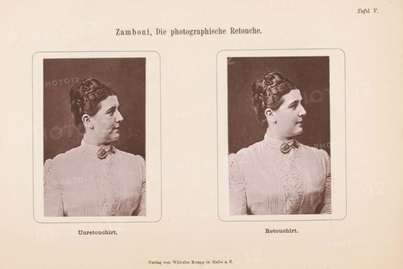 Two portraits of an unknown woman, with and without retouching, page, photomechanical print, inscription: 'Unretouched. Retouched.', number: 'Table V.', c. 1878 - in or before 1888, paper, collotype, photogravure, height 160 mm x width 236 mm, adult woman, Two sepia-toned portrait photographs of the same woman shown from the shoulders up in profile facing right, each framed by a rounded-rectangle border; she has dark hair styled in an updo with visible hairpins and a decorative brooch at the high collar of a light-colored, lace-detailed blouse, and both portrait backgrounds are dark while the surrounding paper is pale.
