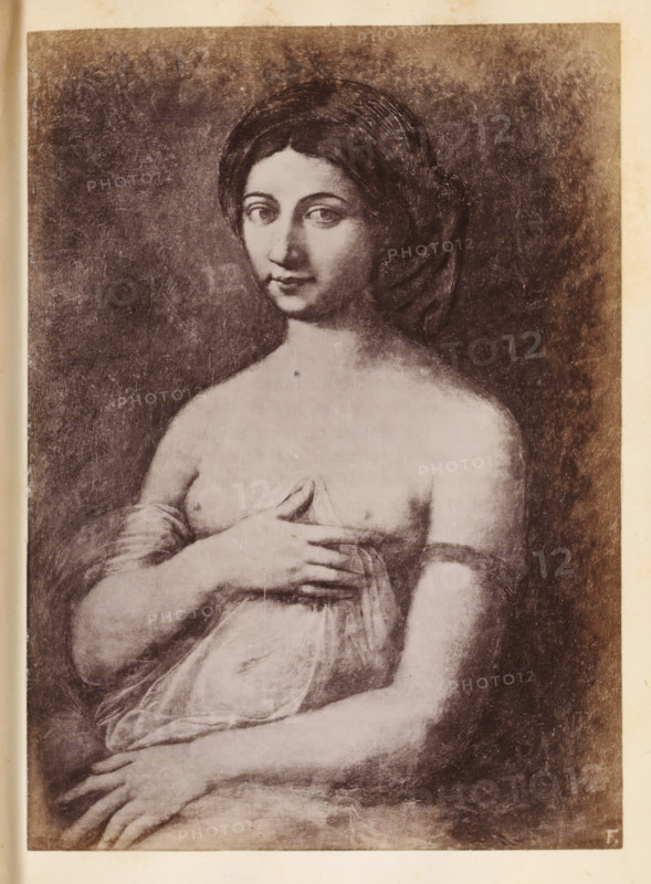 Photo reproduction of a drawing after La Fornarina by Raphael, photograph, reproduction, page, inscription: 'F.', after drawing by anonymous, after painting by Rafaël, c. 1850 - in or before 1860, photographer, paper, albumen print, height 135 mm x width 97 mm, adolescent, young woman, maiden, A monochrome portrait of a young woman shown from the waist up against a dark textured background, with dark hair pulled back and a soft, serene facial expression, one hand resting on her chest holding a sheer drapery while the other hand lies across her lap, bare shoulders and upper torso visible, and subtle shading and wear marks across the surface of the image.