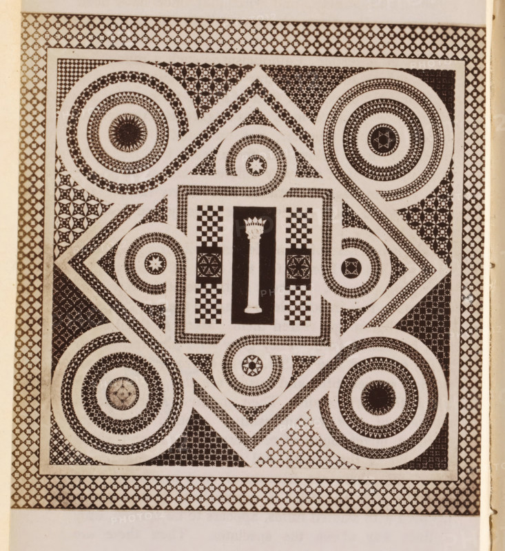 Floor mosaic presumably from a church in Rome, photograph, page, Rome, c. 1850 - in or before 1860, photographer, paper, albumen print, height 134 mm x width 98 mm, pavement, floor, architecture, A rectangular panel filled with repeated geometric patterns and concentric circular motifs arranged symmetrically, featuring thick white borders and darker filled areas made of small triangular and diamond shapes, with a central vertical rectangular dark column containing a decorative white column-like shape topped by a crown motif, surrounded by checkerboard blocks and square motifs, spiraling circular designs with star-like centers, diagonal bands of patterned triangles forming diamond frames, and an outer border of alternating diamond tiles; the image is monochromatic in sepia tones and shows a narrow lighter margin along the right edge.