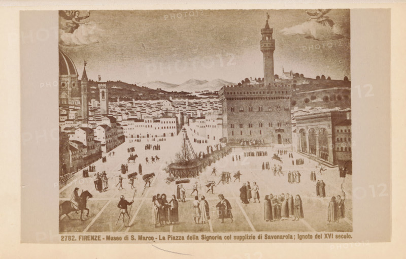 Firenze - Museo di S. Marco - La Piazza della Signoria col supplizio di Savonarola - Ignoto del XVI secolo, Photo reproduction of a painting representing the Piazza della Signoria in Florence with the execution of Girolamo Savonarola, photograph, reproduction, page, photographer: Edizioni Brogi (possibly), Florence, after painting by anonymous, c. 1878 - in or before 1888, Tuscany, paper, albumen print, height 95 mm x width 147 mm, square, circus, death penalty, execution, Piazza della Signoria, A sepia-toned rectangular image depicts a wide open square surrounded by buildings and a tall tower; many small figures populate the square, some grouped in clusters, others walking or standing, with a few on horseback and some carrying objects. A large wooden scaffold or platform with a burning pile and a tall pole is positioned near the center, with ladders and people nearby. On the left a domed building and a tall narrow tower rise above dense rows of smaller structures, while on the right a...