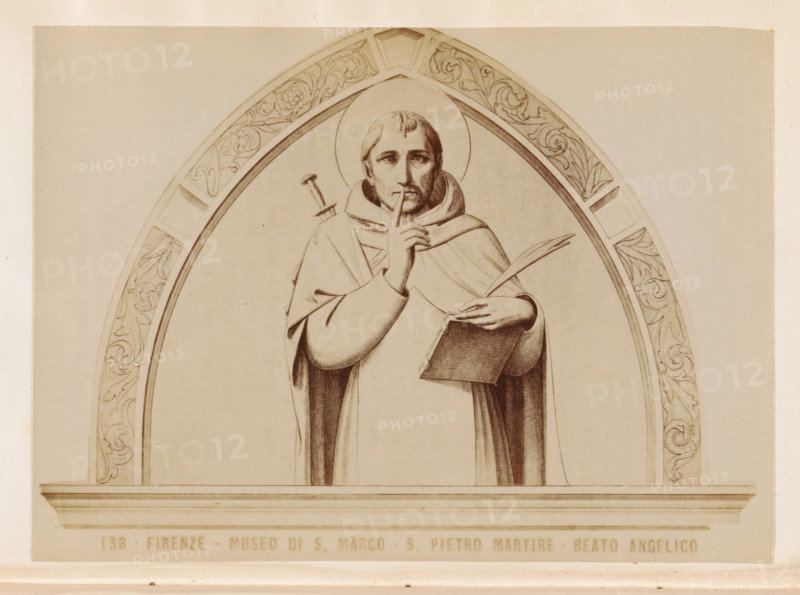 Firenze- Museo di S. Marco - S. Pietro martire - Beato Angelico, Photo reproduction of a print after a fresco depicting Saint Peter of Verona, photograph, reproduction, page, number: '138', San Marco, after print by anonymous, after painting by Fra Angelico, c. 1880 - in or before 1890, photographer, after print by, Florence, Tuscany, paper, albumen print, height 101 mm x width 139 mm, the Dominican friar Peter Martyr of Verona, possible attributes: crucifix, finger at lips, palm, sword (axe or knife) in skull (or breast), wound in head, A sepia-toned drawing of a robed male figure set within an ornate arched frame, the figure shown from the waist up wearing a hooded cloak and holding a book in one hand and a quill in the other, with his other hand raised to his lips in a shushing gesture; a halo encircles his head and a short sword or dagger is visible behind his shoulder, while the arch around him contains decorative floral and foliate carving and a horizontal ledge runs across the l...
