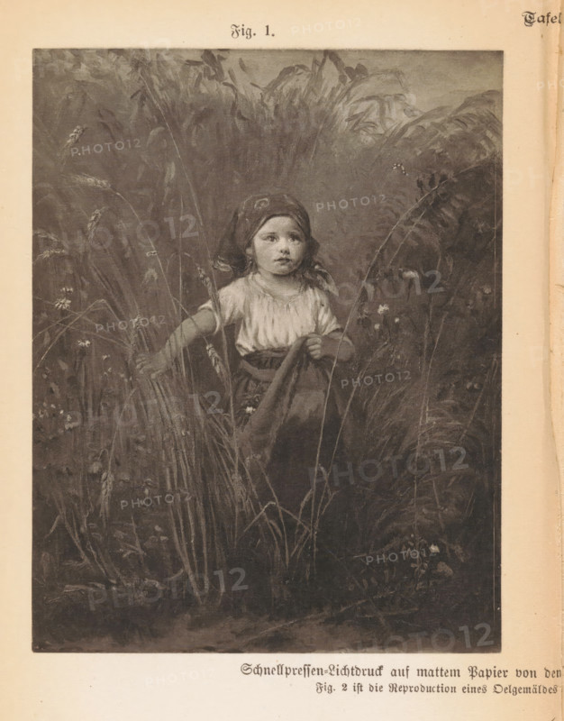 Photo reproduction of a painting, depicting a girl among bushes, reproduction, page, photomechanical print, number: 'Fig. 1.', inscription: 'Schnellpressen-lichtdruck auf mattem Papier, Delgemäldes', photographer: Joseph Albert (possibly), Munich, cliché maker: anonymous, c. 1875 - in or before 1885, Bavaria, paper, collotype, light print, height 120 mm x width 94 mm, girl (child between toddler and youth), shrubs, A monochrome illustration of a young child standing among tall grasses and plants, wearing a headscarf and a light blouse with short sleeves, holding a bundle of stalks in one hand and a piece of cloth or skirt with the other, with a backdrop of dense foliage and blurred vegetation.