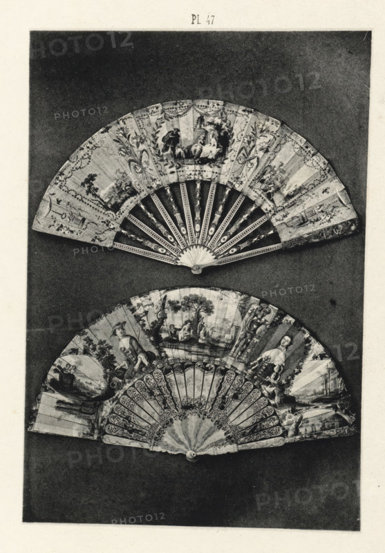 Two fans, page, photomechanical print, number: 'Pl 47', Barcelona (city), c. 1880 - in or before 1881, Catalonia, paper, collotype, photoprint, height 156 mm x width 104 mm, fan, A photographic print showing two decorative folding fans arranged one above the other against a dark background, each fan opened to display painted scenes and patterned ribs; the upper fan has floral motifs and a central vignette with human figures, ornate ribs with circular and linear designs, and a scalloped guard, while the lower fan features larger figurative scenes with people in landscape settings, intricately carved or pierced ribs with repeating ornamental patterns, and a rounded central fastening at the base.
