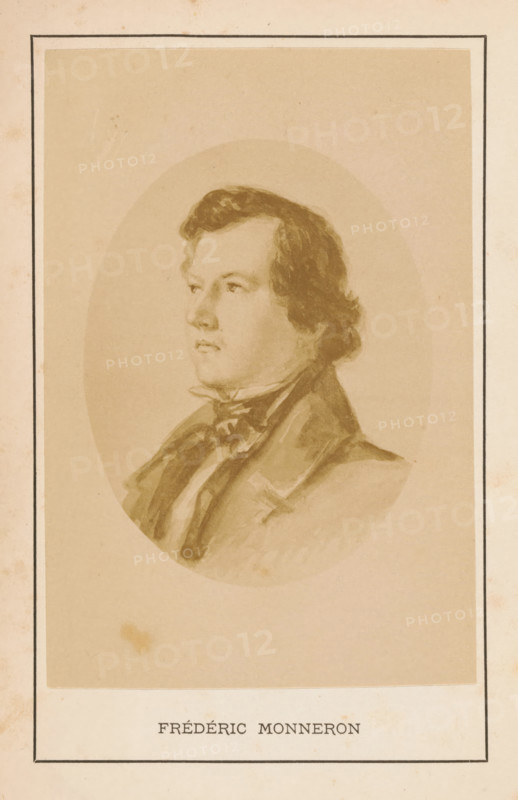 Frédéric Monneron, photograph, reproduction, page, after painting by anonymous, c. 1869 - in or before 1879, photographer, paper, albumen print, albumendruk, height 101 mm x width 66 mm, Photo on frontispiece., Person, writer, poet, author, A sepia-toned oval portrait of a young man shown in three-quarter profile facing left, with wavy dark hair and a smooth complexion, wearing a high-collared shirt, a tied neckcloth, and a dark jacket, all rendered in soft brushstrokes on a lighter rectangular background framed by a thin dark border.