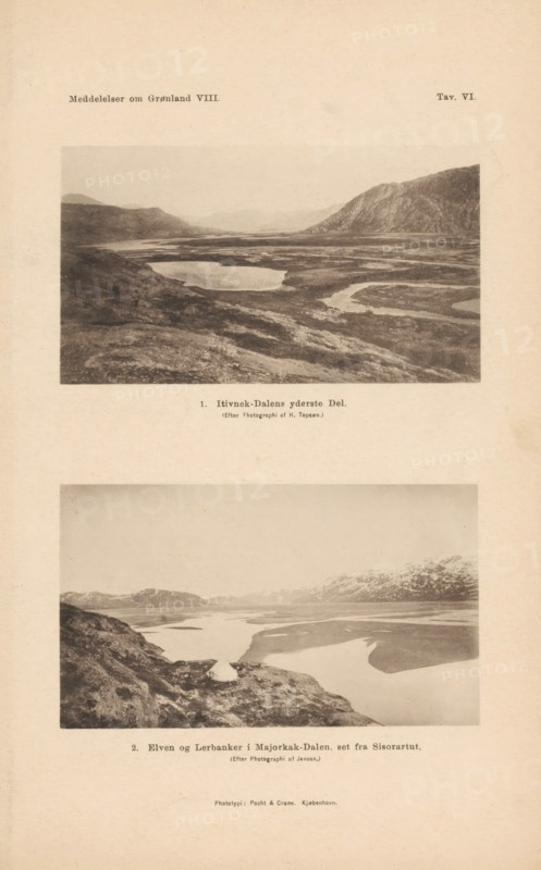 Itivnek-Dalens yderste Del, Elven og Lerbanker i Majorkak-Dalen. set fra Sisorartut, Two views of valleys in Greenland, page, photomechanical print, number: '1. 2.', number: 'Attn. VI.', Greenland, cliché maker: Pacht & Crone, c. 1883 - in or before 1888, photographer, paper, collotype, photoprint, height 229 mm x width 143 mm, Prints opposite page 98., dale, valley, A sepia-toned page shows two rectangular landscape photographs one above the other, each framed by a pale margin on aged paper; the upper photograph depicts a wide valley with winding water channels and low rocky hills in the foreground and a steep mountainside rising on the right, while the lower photograph shows a similar riverscape with a foreground rocky promontory, broad braided river sandbanks, and distant snow-dusted mountains under a pale sky.