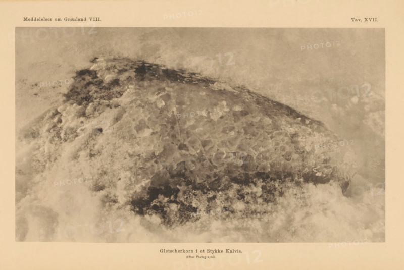 Gletscherkorn i et Stykke Kalvis, Ice from a glacier in Greenland, page, photomechanical print, number: 'Attn. XVII.', Greenland, cliché maker: Pacht & Crone, c. 1883 - in or before 1888, photographer, paper, collotype, photoprint, height 99 mm x width 169 mm, Print after page 295., glacier (in polar regions), A sepia-toned aerial photograph showing a large rounded ice formation with a textured surface of irregular, faceted blocks and smoother worn areas, surrounded by swirling clouds and mist that obscure parts of the formation; the image is bordered by a lighter margin.