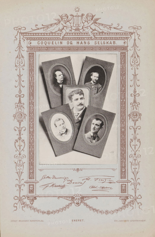 Composition of five photographs of French artists, page, photomechanical print, inscription: 'Gaston, Moisson', maker: Wilhelm Pacht, printer (person): Edvin Jantzen, publisher: Ernst Bojesen, c. 1872 - c. 1882, printer (person), paper, collotype, photogravure, height 90 mm x width 64 mm, Person, Adolphe Martin, Gaston Dumoraize, Abel Moisson, Raoul Donval, Fraizier, portrait of artiste (dancer, actor, etc.), A decorative printed page with an ornate border in a reddish-brown ink, featuring symmetrical flourishes, scrollwork, and cherub figures at the top; within the border is a central photographic collage of five oval portrait photographs mounted on textured rectangular frames arranged in a layered fan shape, each showing a bust or head-and-shoulders view of a man wearing formal clothing and displaying varied facial hair styles and expressions; below the collage are several handwritten signatures in ink, and additional decorative elements and small printed credits appear near the bott...