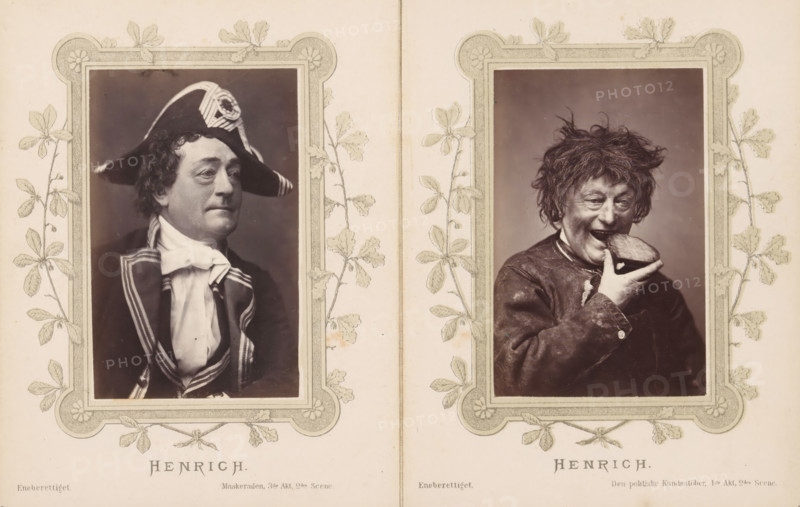 Portrait of Joachim Ludvig Phister as Henrich, Henrich, photograph, page, inscription: 'Eneberettiget Maskeraden. 3rd Act. 2nd Scene.', photographer: Harald Paetz, c. 1862 - c. 1872, paper, albumen print, albumendruk, height 91 mm x width 57 mm, Person, Joachim Ludvig Phister, portrait of actor, actress, stage costume, Two sepia-toned portrait photographs are displayed side by side within ornate rectangular frames decorated with leaf and floral motifs. The left portrait shows a man in a dark coat with light trim and a high white cravat, wearing a bicorne hat with a decorative emblem, his face turned slightly to the side with a composed expression and neatly curled hair at the temples. The right portrait shows a disheveled man with unkempt hair and a lively expression, holding a round object close to his mouth as if biting it, wearing a worn, dark jacket with a visible button on the sleeve.
