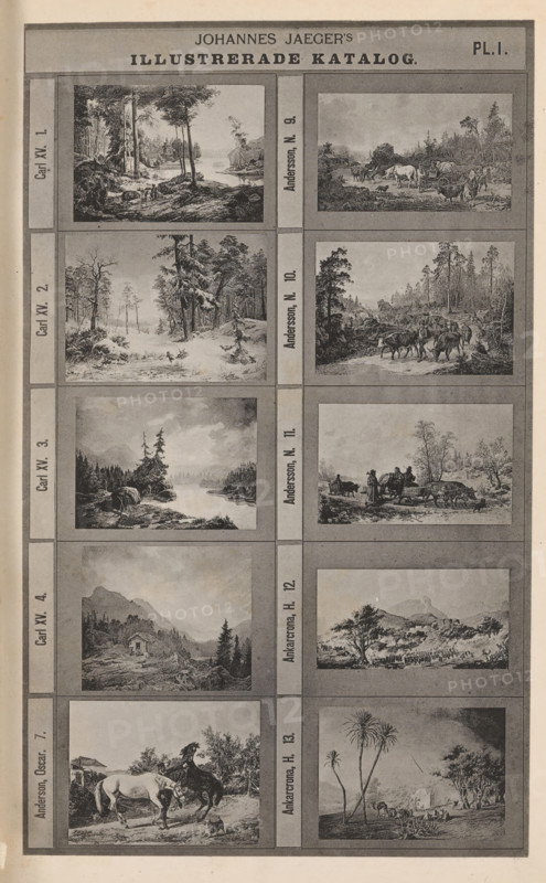 Photo reproduction of ten paintings of landscapes and animals, Johannes Jaeger's Illustrerade Katalog, reproduction, page, photomechanical print, number: 'PL. I.', photographer: Johannes Jaeger, Stockholm, clichémaker: anonymous, after painting by Charles XV (King of Sweden and Norway), c. 1872 - c. 1882, Johannes Jaeger, Charles XV (King of Sweden and Norway), photographer, clichémaker, after painting by, paper, collotype, photoprint, height 182 mm x width 110 mm, picture, painting, A tall vertical sheet divided into a grid of rectangular framed images, each frame containing a different monochrome landscape or rural scene. The top border shows a wide band with dark shading and rectangular panels, and below it the grid is arranged in two narrow vertical columns of framed vignettes separated by a central vertical strip. The left column displays scenes including forested river views with trees on rocky banks, a snowy wooded clearing, a calm lake bordered by conifers, a mountain valley wi...