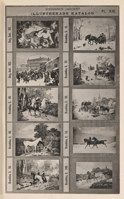 Photo reproduction of ten paintings, Johannes Jaeger's Illustrerade Catalog, reproduction, page, photomechanical print, number: 'PL. XIII.', photographer: Johannes Jaeger, Stockholm, cliché maker: anonymous, after painting by Gustaf Brandelius, c. 1872 - c. 1882, Johannes Jaeger, Gustaf Brandelius, photographer, cliché maker, after painting by, paper, collotype, photoprint, height 181 mm x width 110 mm, picture, painting, horse, A tall printed page divided into a grid of rectangular panels, each panel containing a sepia-toned illustration. The top banner has a centered heading with bold lettering and a plate designation at the right. The left and right margins contain narrow vertical strips with small printed labels beside each row of illustrations. The illustrations depict a variety of scenes including nude figures reclining among foliage, a horse-drawn sleigh carrying people through a snowy landscape, a busy snowy marketplace with buildings and groups of people, a rural lane with a s...
