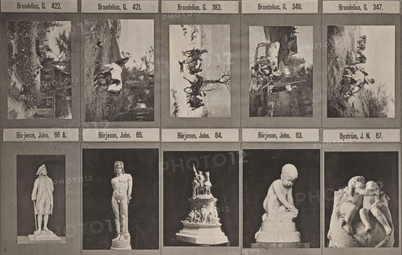 Photo reproduction of five paintings with animals and five sculptures, Johannes Jaeger's Illustrerade Katalog, reproduction, page, photomechanical print, number: 'PL. XIV.', photographer: Johannes Jaeger, Stockholm, clichémaker: anonymous, after sculpture by John Börjeson, c. 1872 - c. 1882, Johannes Jaeger, John Börjeson, photographer, clichémaker, after sculpture by, paper, collotype, photoprint, height 180 mm x width 110 mm, sculpture, picture, painting, A grid of framed images arranged in rows and columns, each frame containing either a landscape painting or a photograph of a sculpture. The top row shows five landscape scenes with rural subjects including trees, figures, farm animals, and cottages, rendered in muted tones. The bottom row displays five sculpture photographs on dark backgrounds, featuring a standing historical figure with a cane, a nude male statue on a pedestal, an ornate multi-figure fountain atop a tiered base, a seated child figure on a rounded plinth, and two em...