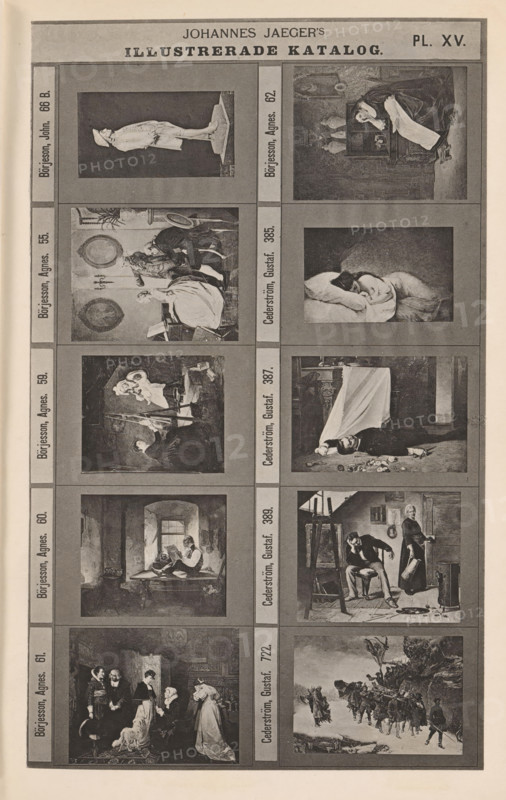 Photo reproduction of a sculpture and nine paintings, Johannes Jaeger's Illustrerade Catalog, reproduction, page, photomechanical print, number: 'PL. XV.', photographer: Johannes Jaeger, Stockholm, cliché maker: anonymous, after painting by Agnes Börjeson, c. 1872 - c. 1882, Johannes Jaeger, Agnes Börjeson, photographer, cliché maker, after painting by, paper, collotype, photoprint, height 181 mm x width 110 mm, sculpture, picture, painting, A vertical sheet divided into a grid of framed rectangular images, each frame containing a grayscale illustration of people or scenes; the top has a wide header band with centered bold lettering and decorative trim; the left and right margins show narrow vertical bands with small framed labels beside each image. The images depict a variety of indoor and outdoor scenes, including a full-length figure standing on a pedestal, seated figures in domestic interiors, people engaged in conversation, a woman reclining on a couch, a man lying on the floor ne...