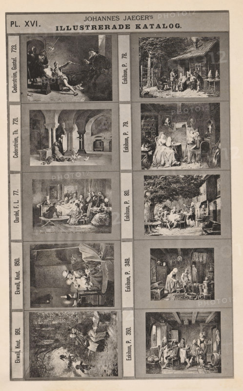 Photo reproduction of ten paintings, mainly genre scenes, Johannes Jaeger's Illustrerade Katalog, reproduction, page, photomechanical print, number: 'PL. XVI.', photographer: Johannes Jaeger, Stockholm, clichémaker: anonymous, after painting by Per Eskilson, c. 1872 - c. 1882, Johannes Jaeger, Per Eskilson, photographer, clichémaker, after painting by, paper, collotype, photogravure, height 180 mm x width 110 mm, picture, painting, A vertical printed sheet with a grid of small rectangular grayscale illustrations framed by borders, showing scenes of people in various indoor and outdoor settings; columns of portraits and group scenes include figures seated at tables, people gathered outside a rustic cabin under trees, a woman sewing or reading in a cluttered interior, domestic interiors with furniture and musical instruments, religious or historical interiors with arches and columns, and small genre scenes of households and gatherings, all rendered in detailed etching or engraving style ...