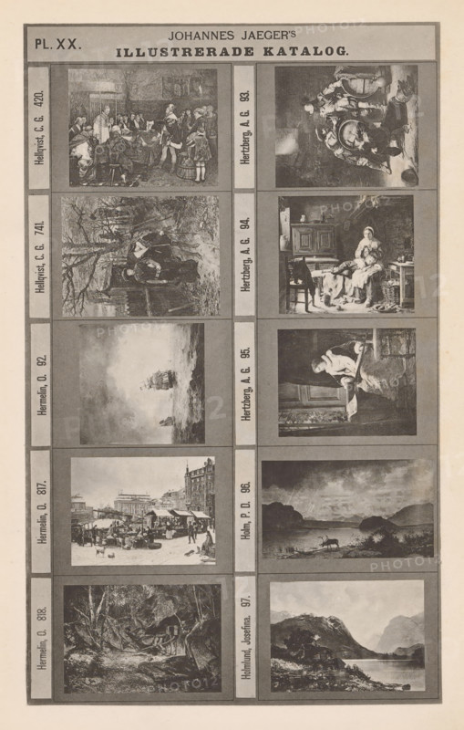 Photo reproduction of ten paintings of landscapes and genre scenes, Johannes Jaeger's Illustrerade Katalog, reproduction, page, photomechanical print, number: 'PL. XX.', photographer: Johannes Jaeger, Stockholm, clichémaker: anonymous, after painting by Olof Hermelin, c. 1872 - c. 1882, Johannes Jaeger, Olof Hermelin, photographer, clichémaker, after painting by, paper, collotype, photoprint, height 180 mm x width 110 mm, picture, painting, landscapes, A vertically oriented printed page with a pale border and a darker inner rectangle divided into a grid of small framed black-and-white images and narrow vertical and horizontal bands; a centered header band near the top contains a larger bold title area flanked by rectangular blocks, and beneath it the grid shows pairs of photographic or engraved scenes in two vertical columns separated by a central band; the left column includes scenes of an interior group around a table, a wooded outdoor scene with figures, a stormy sea with a sailing ...