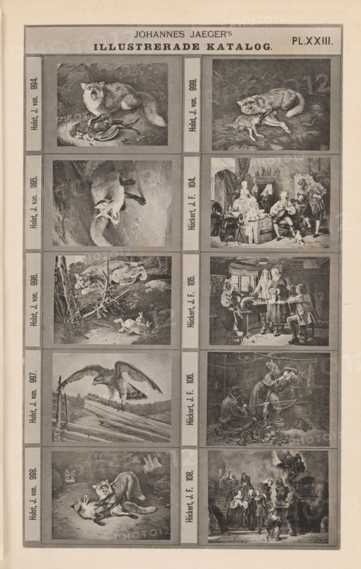 Photo reproduction of ten paintings of animals and historical scenes, Johannes Jaeger's Illustrerade Catalog, reproduction, page, photomechanical print, number: 'PL. XXIII.', photographer: Johannes Jaeger, Stockholm, cliché maker: anonymous, after painting by Johan Fredrik Höckert, c. 1872 - c. 1882, Johannes Jaeger, Johan Fredrik Höckert, photographer, cliché maker, after painting by, paper, collotype, photoprint, height 180 mm x width 109 mm, picture, painting, beasts of prey, predatory animals: fox, A vertical page divided into a grid of paired rectangular illustrations separated by narrow borders, showing a variety of detailed black-and-white scenes. The left column features animal scenes including a fox with an open mouth standing over prey, a fox in a rocky landscape, a fox leaping toward a rabbit near grass and reeds, a large bird of prey perched with wings partially spread on a log, and two foxes engaged on the ground. The right column contains interior genre scenes and other s...