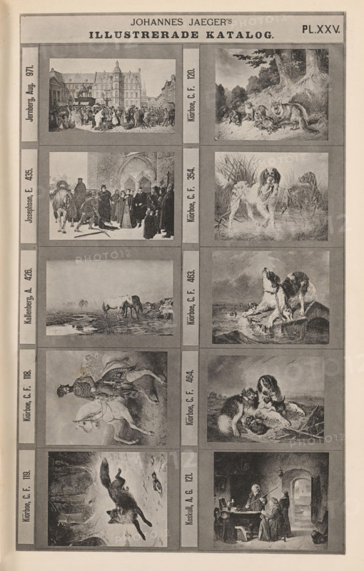 Photo reproduction of ten paintings of animals and historical scenes, Johannes Jaeger's Illustrerade Catalog, reproduction, page, photomechanical print, number: 'PL. XXV.', photographer: Johannes Jaeger, Stockholm, cliché maker: anonymous, after painting by Carl Fredrik Kiörböe, c. 1872 - c. 1882, Johannes Jaeger, Carl Fredrik Kiörböe, photographer, cliché maker, after painting by, paper, collotype, photoprint, height 181 mm x width 110 mm, picture, painting, dog, beasts of prey, predatory animals: fox, A tall, narrow printed page divided into a grid of rectangular panels, each panel containing a detailed black-and-white illustration; visible illustrations include a crowded town square scene with many figures and buildings, a wooded area with several resting dogs, a group of people gathered near a large arched doorway with a mounted rider nearby, a wetland scene showing a dog standing in shallow water with reeds, a coastal or shoreline scene with a horse and foal standing on rocky grou...