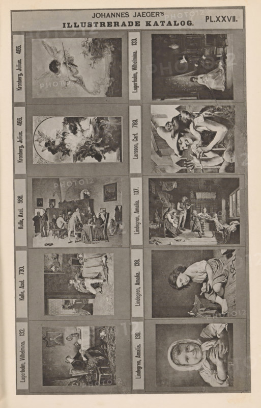Photo reproduction of ten paintings, Johannes Jaeger's Illustrerade Catalog, reproduction, page, photomechanical print, number: 'PL. XXVII.', photographer: Johannes Jaeger, Stockholm, cliché maker: anonymous, after painting by Amalia Lindegren, c. 1872 - c. 1882, Johannes Jaeger, Amalia Lindegren, photographer, cliché maker, after painting by, paper, collotype, light print, height 179 mm x width 109 mm, picture, painting, A vertically oriented printed page divided into a grid of rectangular frames containing reproductions of various artworks, with a narrow border and a large heading centered at the top; each framed image shows different scenes including figures in interiors, children, groups of people interacting, and a reclining winged figure, all rendered in monochrome tones; narrow vertical strips between columns contain small vertical captions next to each image; the overall paper shows slight uneven toning and faint creases.