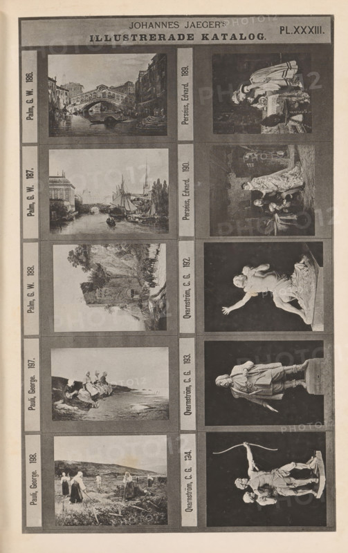 Photo reproduction of seven paintings and three sculptures, Johannes Jaeger's Illustrerade Catalog, reproduction, page, photomechanical print, number: 'PL. XXXIII.', photographer: Johannes Jaeger, Stockholm, cliché maker: anonymous, after sculpture by Carl Gustaf Qvarnström, c. 1872 - c. 1882, Johannes Jaeger, Carl Gustaf Qvarnström, photographer, cliché maker, after sculpture by, paper, collotype, light print, height 182 mm x width 110 mm, sculpture, picture, painting, A vertically oriented page with a grid of framed rectangular images arranged in two vertical columns, each column containing several smaller rectangular illustrations; the left column shows landscape and coastal scenes including bridges over canals, boats and sails on water, rocky shoreline views with figures, and groups of people working in fields, while the right column displays a variety of figurative and sculptural images including clothed figures in interaction, a reclining or kneeling statue of entwined figures, a...