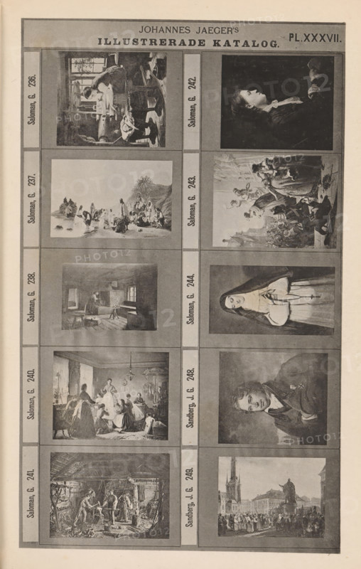 Photo reproduction of ten paintings, Johannes Jaeger's Illustrerade Catalog, reproduction, page, photomechanical print, number: 'PL. XXXVII.', photographer: Johannes Jaeger, Stockholm, cliché maker: anonymous, after painting by Geskel Saloman, c. 1872 - c. 1882, Johannes Jaeger, Geskel Saloman, photographer, cliché maker, after painting by, paper, collotype, photoprint, height 181 mm x width 109 mm, picture, painting, A vertically oriented page showing a grid of framed rectangular illustrations arranged in columns and rows, each illustration bordered by a thin dark frame and set against a light background with vertical side strips. The top of the page features a wide header area with bold lettering centered and a small block at the right of the header. The illustrations depict a variety of scenes including interior settings with people engaged in daily activities, portraits of individuals shown from the torso or head and shoulders with varied facial expressions and attire, an outdoor c...