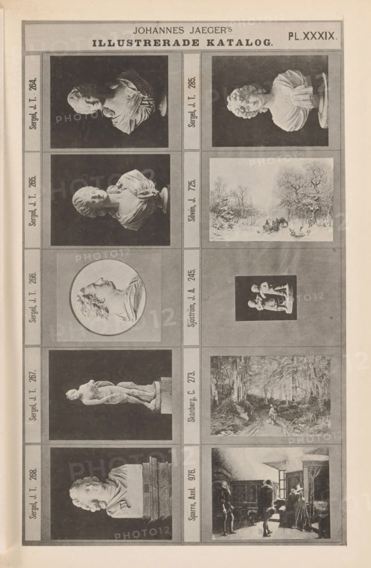 Photographic reproduction of presumably six sculptures and four paintings or prints, Johannes Jaeger's Illustrerade Katalog, reproduction, page, photomechanical print, number: 'PL. XXXIX.', photographer: Johannes Jaeger, Stockholm, clichémaker: anonymous, after sculpture by Johan Tobias Sergel, c. 1872 - c. 1882, Johannes Jaeger, Johan Tobias Sergel, photographer, clichémaker, after sculpture by, paper, collotype, photogravure, height 182 mm x width 112 mm, sculpture, picture, painting, A tall, narrow page divided into a grid of framed rectangular panels containing black and white images, including several photographic busts and sculptures of heads and torsos against dark backgrounds, a circular medallion portrait in relief, a full standing classical statue on a pedestal, a small sculpture of two children on a plinth, a winter landscape with trees and figures in a snowy scene, a wooded rural path with a figure walking, and an interior scene showing people in a room; the page has a marg...