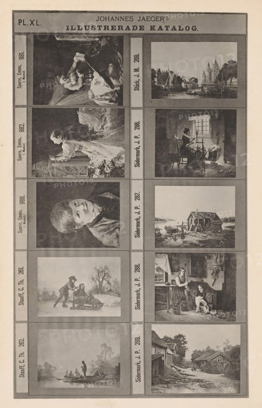 Photo reproduction of ten paintings, Johannes Jaeger's Illustrerade Catalog, reproduction, page, photomechanical print, number: 'PL. XL.', photographer: Johannes Jaeger, Stockholm, cliché maker: anonymous, after painting by Emma Sparre, c. 1872 - c. 1882, Johannes Jaeger, Emma Sparre, photographer, cliché maker, after painting by, paper, collotype, light print, height 181 mm x width 110 mm, picture, painting, A vertical page showing a grid of framed rectangular illustrations in two columns, each frame containing a small black-and-white or sepia-toned scene; the left column includes a portrait of a person with a rounded face and short hair, a woman in a long dress shown in profile holding something, and a scene of two children on a sled in a snowy landscape, while the right column shows assorted interior and exterior scenes including a harbor with boats and pointed-roof buildings, a woman seated at a spinning wheel in a dimly lit room, a rustic waterside shack with boats on the shore, a...