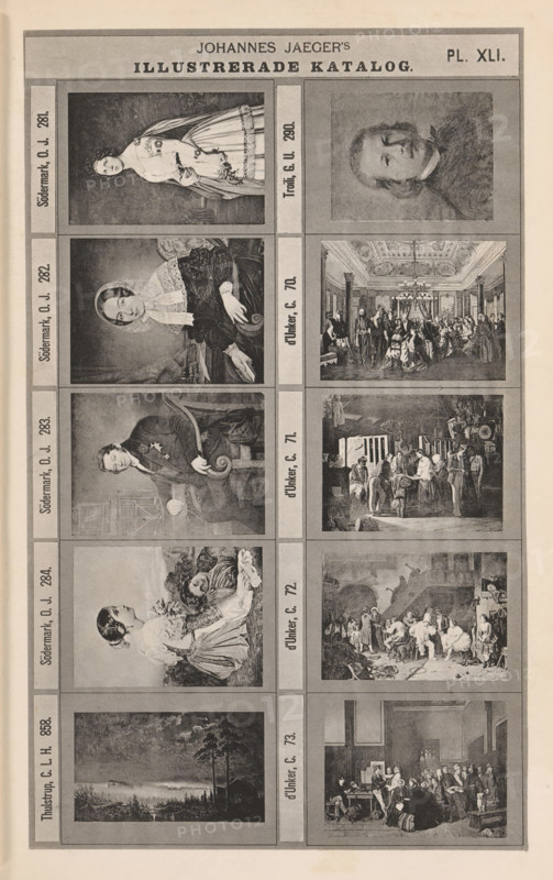 Photo reproduction of ten paintings, Johannes Jaeger's Illustrerade Katalog, reproduction, page, photomechanical print, number: 'PL. XLI.', photographer: Johannes Jaeger, Stockholm, clichémaker: anonymous, after painting by Olof Johan Södermark, c. 1872 - c. 1882, Johannes Jaeger, Olof Johan Södermark, photographer, clichémaker, after painting by, paper, collotype, photogravure, height 180 mm x width 110 mm, picture, painting, A vertical page divided into a grid of framed rectangular illustrations, each frame containing a grayscale image of portraits, seated figures, groups in interior scenes, and a landscape; the top margin shows a header area, beneath which the grid runs down the page with alternating images of men and women in period clothing, scenes of gatherings in ornate rooms with chandeliers and columns, a group around a doorway, a rural shoreline with trees and water, and various seated and standing figures posed in formal arrangements, all rendered in a detailed monochrome en...