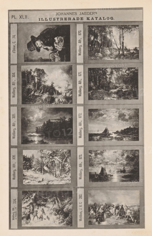 Photo reproduction of ten paintings, nine landscapes and one portrait, Johannes Jaeger's Illustrerade Katalog, reproduction, page, photomechanical print, number: 'PL. XLII.', photographer: Johannes Jaeger, Stockholm, clichémaker: anonymous, after painting by Alfred Wahlberg, c. 1872 - c. 1882, Johannes Jaeger, Alfred Wahlberg, photographer, clichémaker, after painting by, paper, collotype, photogravure, height 180 mm x width 111 mm, picture, painting, A tall rectangular printed sheet with a pale background and a darker framed header across the top, containing bold uppercase lettering. Below the header the sheet is divided into two vertical columns of framed rectangular images separated by vertical bands; each framed image shows a different detailed grayscale illustration, including scenes of wooded landscapes, bodies of water with small boats, a reclining figure wearing a hat, and groups of people and animals. Narrow vertical labels run beside each image band, visible as pale strips wi...