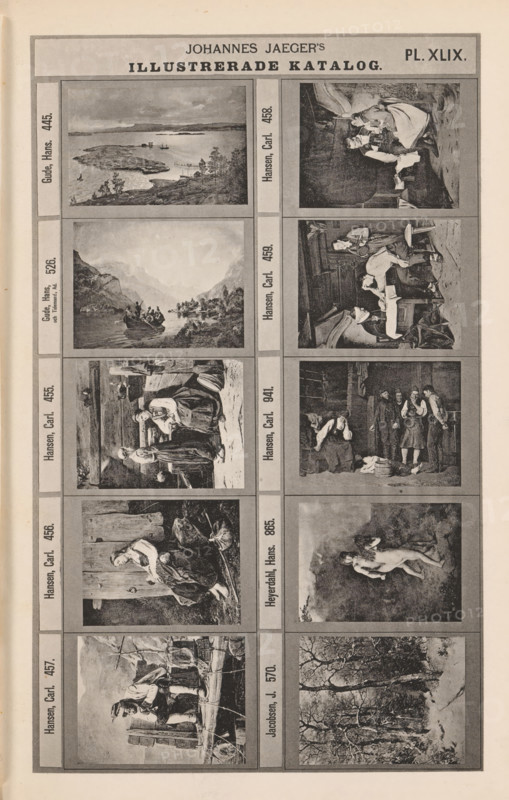 Photo reproduction of ten paintings, Johannes Jaeger's Illustrerade Catalog, reproduction, page, photomechanical print, number: 'PL. XLIX.', photographer: Johannes Jaeger, Stockholm, cliché maker: anonymous, after painting by Hans Gude, c. 1872 - c. 1882, Johannes Jaeger, Hans Gude, photographer, cliché maker, after painting by, paper, collotype, light print, height 180 mm x width 110 mm, picture, painting, A vertically oriented page showing a grid of rectangular framed illustrations arranged in columns and rows, each frame containing a different monochrome scene; visible scenes include coastal and mountainous landscapes with water and boats, interior scenes with groups of people seated around tables, figures engaged in conversation or activities in rustic indoor settings, women in traditional dress standing or sitting near wooden structures, a reclining nude figure outdoors, men in work clothing standing and sitting near tools and barrels, and wooded landscape scenes with trees; the p...