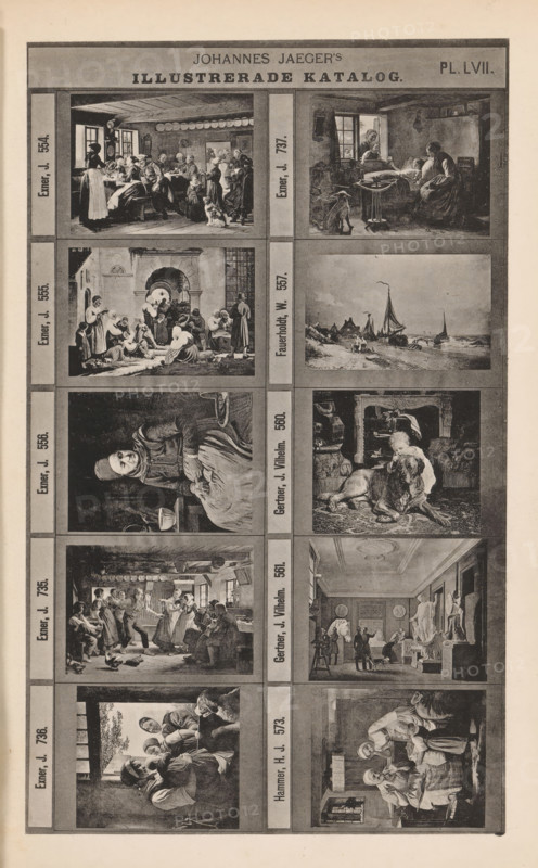 Photo reproduction of ten paintings of mainly genre scenes, Johannes Jaeger's Illustrerade Katalog, reproduction, page, photomechanical print, number: 'PL. LVII.', photographer: Johannes Jaeger, Stockholm, clichémaker: anonymous, after painting by Johan Julius Exner, c. 1872 - c. 1882, Johannes Jaeger, Johan Julius Exner, photographer, clichémaker, after painting by, paper, collotype, photogravure, height 181 mm x width 109 mm, picture, painting, A vertically oriented printed sheet showing a grid of rectangular illustrated panels arranged in two columns with narrow vertical dividers, each panel depicting a different detailed black-and-white scene of people and interiors or landscapes; the top margin contains a wide horizontal band with a darker rectangle centered, and the panels feature scenes such as groups of seated and standing figures in a room with windows and a dog, a domestic interior with people gathered around a bed and a dog by a table, an outdoor scene with figures near an a...
