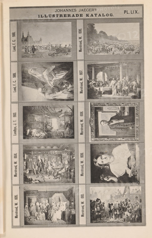 Photo reproduction of ten paintings, Johannes Jaeger's Illustrerade Katalog, reproduction, page, photomechanical print, number: 'PL. LIX.', photographer: Johannes Jaeger, Stockholm, clichémaker: anonymous, after painting by Wilhelm Marstrand, c. 1872 - c. 1882, Johannes Jaeger, Wilhelm Marstrand, photographer, clichémaker, after painting by, paper, collotype, photogravure, height 180 mm x width 109 mm, picture, painting, A vertically oriented page showing a grid of framed rectangular grayscale illustrations arranged in two columns and multiple rows within a bordered layout, each framed image separated by vertical and horizontal bands; the top header area contains a centered bold title band and smaller bands at the corners, and the margins include narrow vertical labels beside each row; the images depict a variety of scenes including outdoor gatherings near a shoreline with many small figures, an interior scene with a long banquet table and a standing figure in the foreground, a woman s...