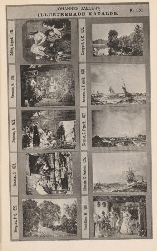 Photo reproduction of ten paintings, Johannes Jaeger's Illustrerade Catalog, reproduction, page, photomechanical print, number: 'PL. LXI.', photographer: Johannes Jaeger, Stockholm, cliché maker: anonymous, after painting by Carl Frederik Sørensen, c. 1872 - c. 1882, Johannes Jaeger, Carl Frederik Sørensen, photographer, cliché maker, after painting by, paper, collotype, light print, height 181 mm x width 110 mm, picture, painting, A vertical page showing a grid of rectangular framed images organized in two columns, each frame containing a different black-and-white illustration; the left column frames depict interior scenes with groups of people in period clothing, including seated and standing figures, domestic settings with furniture, a work area with tools and a large animal head, and a wooded road with a carriage, while the right column frames show outdoor maritime and landscape scenes with boats on choppy water, rocky shores, a calm tree-lined lake, and distant horizons; thin bord...