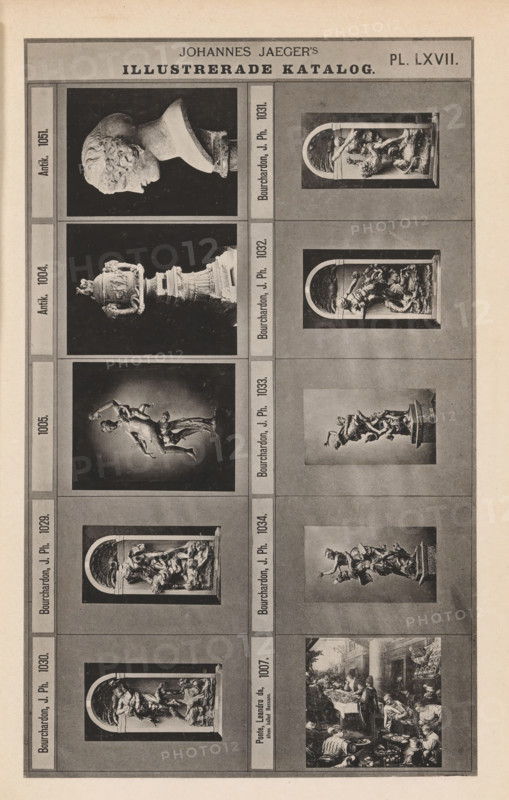 Photo reproduction of nine sculptures and a painting, Johannes Jaeger's Illustrerade Catalog, reproduction, page, photomechanical print, number: 'PL. LXVII.', photographer: Johannes Jaeger, Stockholm, cliché maker: anonymous, after painting by Leandro Bassano, c. 1872 - c. 1882, Johannes Jaeger, Leandro Bassano, photographer, cliché maker, after painting by, paper, collotype, photoprint, height 180 mm x width 111 mm, sculpture, picture, painting, A vertical printed page showing a grid of rectangular panels with photographic reproductions of sculptures and a painting, each panel bordered and separated by thin lines. The top area contains a wide horizontal header band with a darker central rectangle flanked by lighter margins. The images within the panels include a side profile of a sculpted classical head on a pedestal, ornate relief scenes set within rounded-arch niches showing multiple human figures in dynamic poses, a full-view ornamental urn with intricate decorative elements, and s...
