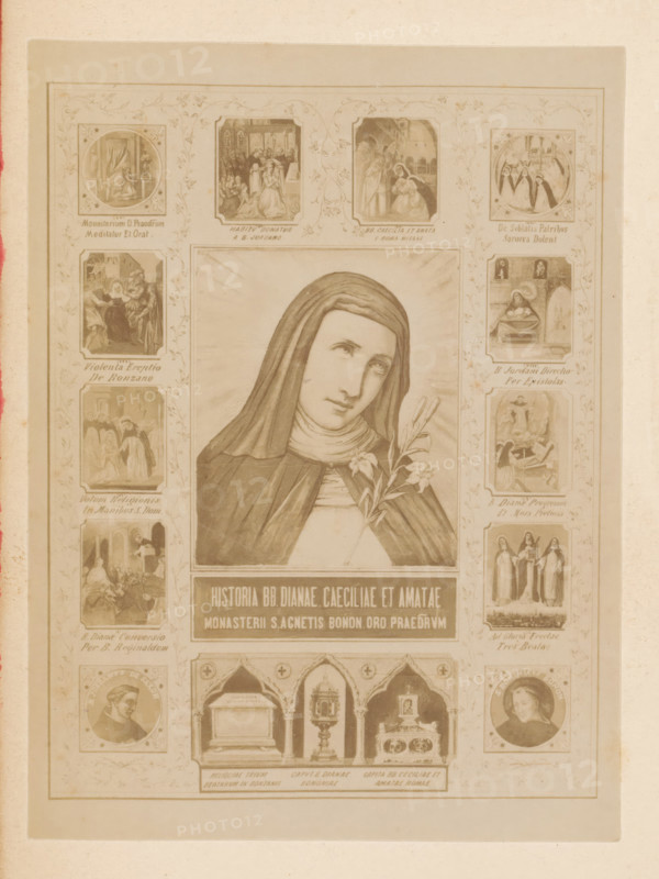 Photo reproduction of a painting, depicting a portrait and scenes from the life of Saint Diana d'Andalo, photograph, reproduction, page, after painting by anonymous, c. 1882 - in or before 1892, photographer, after painting by, paper, albumen print, height 130 mm x width 97 mm, Photo on frontispiece., female saints, A vertically oriented sepia-toned print featuring a central portrait of a veiled woman holding a stem with flowers, her head tilted and gaze upward, framed by a rectangular border; surrounding the central image are smaller rectangular and circular vignettes depicting groups of robed figures engaged in various indoor scenes and devotional acts, decorative floral vinework in the margins, and ornamental panels showing reliquary-like objects and framed portraits, all arranged symmetrically on a pale paper background with a narrow outer border.